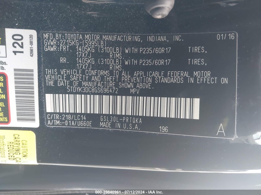 2016 Toyota Sienna Xle Premium 8 Passenger VIN: 5TDYK3DC8GS696472 Lot: 39840961