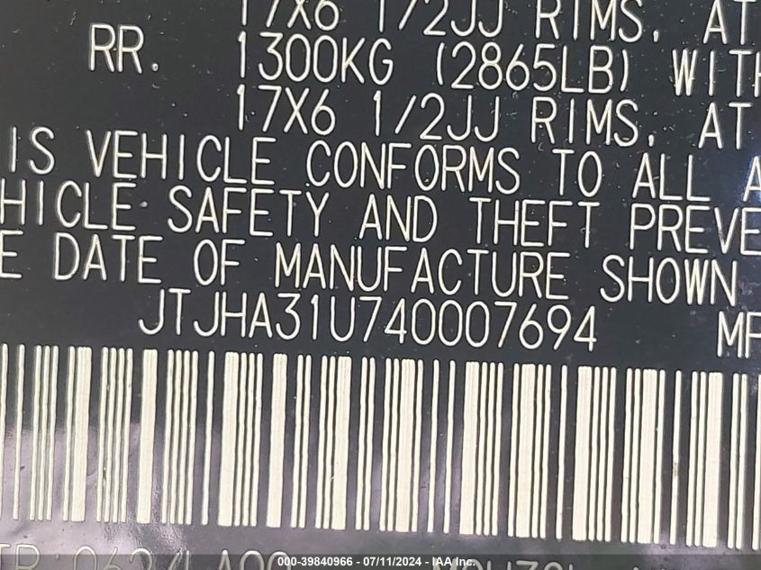 2004 Lexus Rx 330 VIN: JTJHA31U740007694 Lot: 39840966