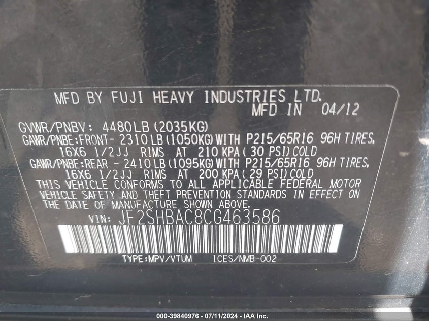 2012 Subaru Forester 2.5X VIN: JF2SHBAC8CG463586 Lot: 39840976