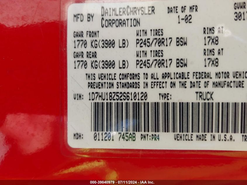 2002 Dodge Ram 1500 St VIN: 1D7HU18Z52S610120 Lot: 39840979