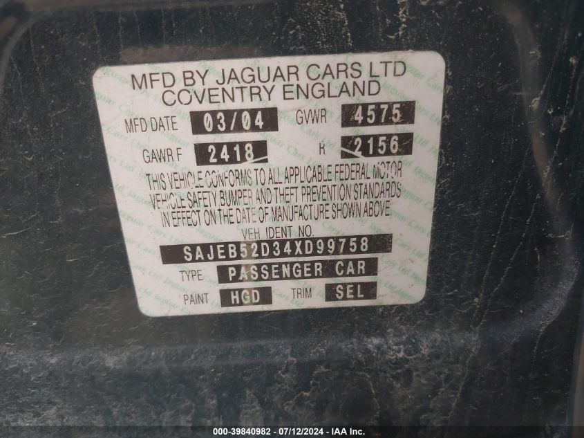 2004 Jaguar X-Type 2.5 VIN: SAJEB52D34XD99758 Lot: 39840982
