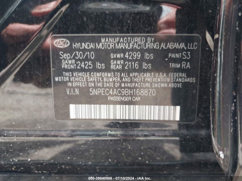 2011 Hyundai Sonata Limited VIN: 5NPEC4AC9BH168870 Lot: 39840986