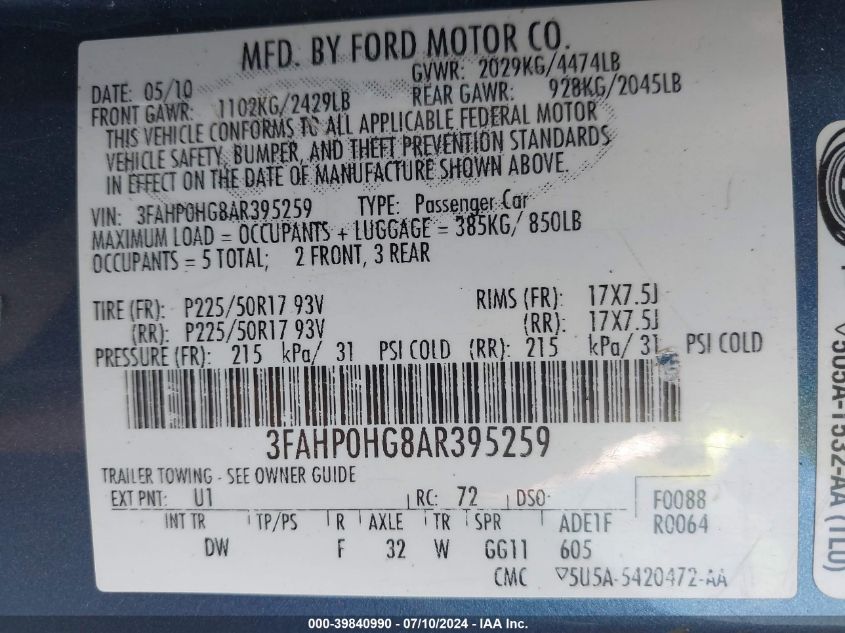 2010 Ford Fusion Se VIN: 3FAHP0HG8AR395259 Lot: 39840990