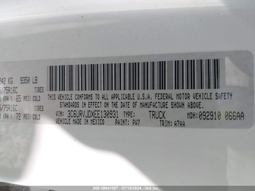 2014 Ram Promaster 3500 High Roof VIN: 3C6URVJDXEE130931 Lot: 39841007