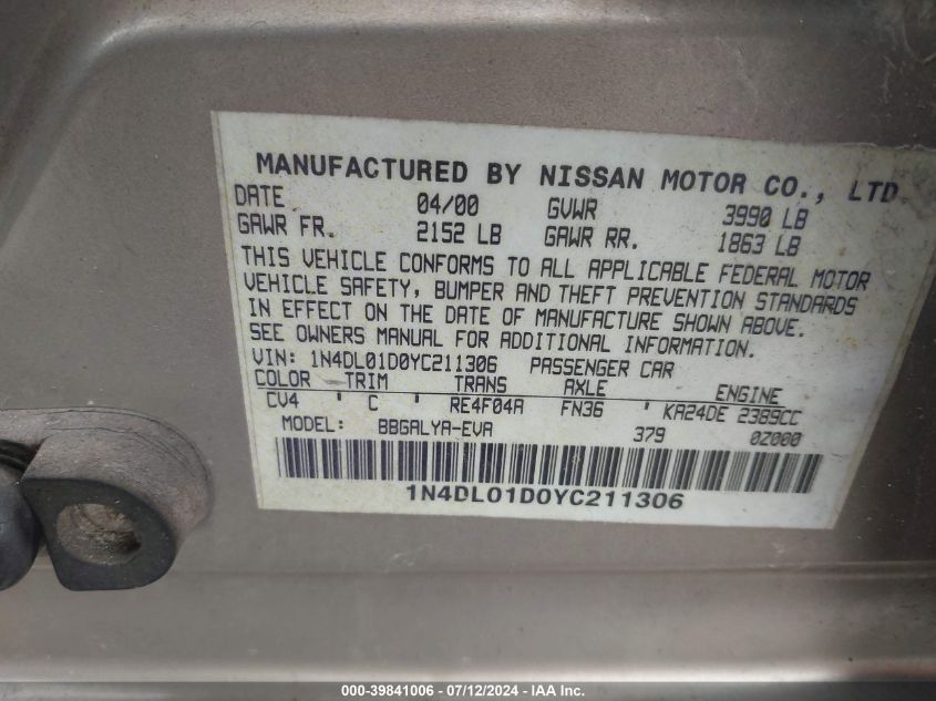 2000 Nissan Altima Gle/Gxe/Se/Xe VIN: 1N4DL01D0YC211306 Lot: 39841006