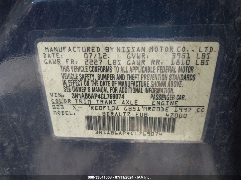 2012 Nissan Sentra 2.0 S VIN: 3N1AB6AP4CL769074 Lot: 39841008