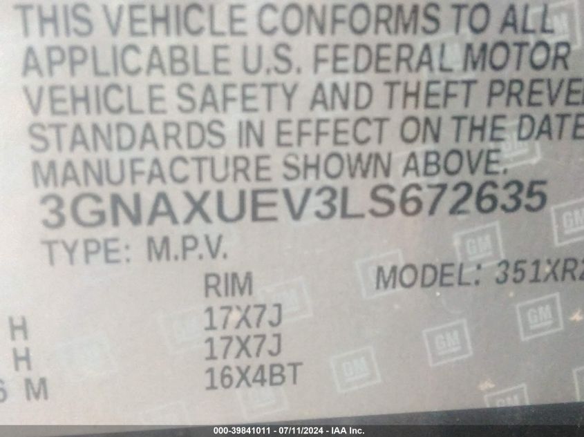 2020 Chevrolet Equinox Awd Lt 1.5L Turbo VIN: 3GNAXUEV3LS672635 Lot: 39841011