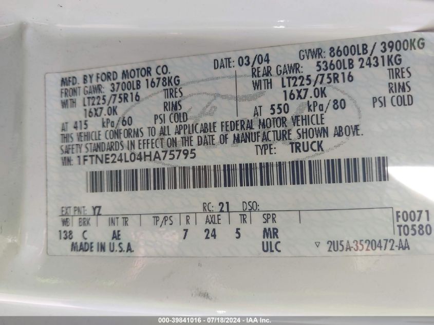2004 Ford Econoline E250 Van VIN: 1FTNE24L04HA75795 Lot: 39841016