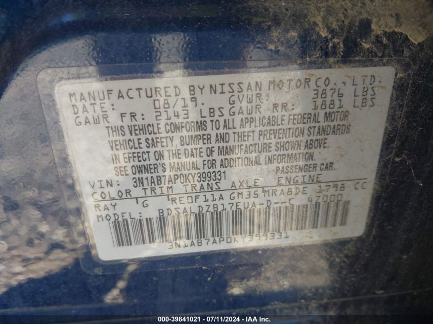 2019 Nissan Sentra Sv VIN: 3N1AB7AP0KY399331 Lot: 39841021