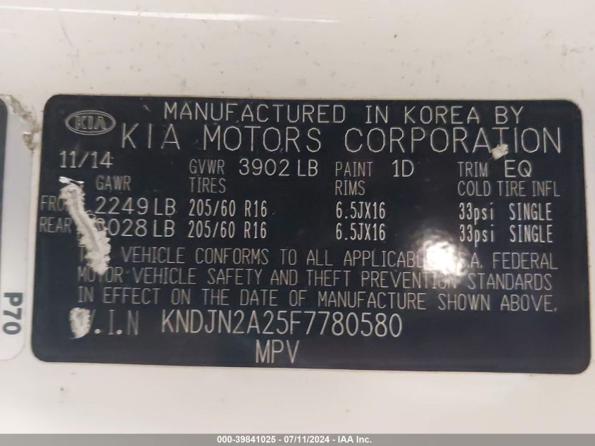 2015 Kia Soul VIN: KNDJN2A25F7780580 Lot: 39841025