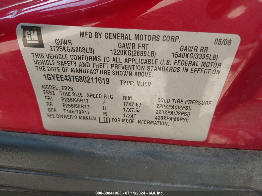 2008 Cadillac Srx V6 VIN: 1GYEE437680211619 Lot: 39841053