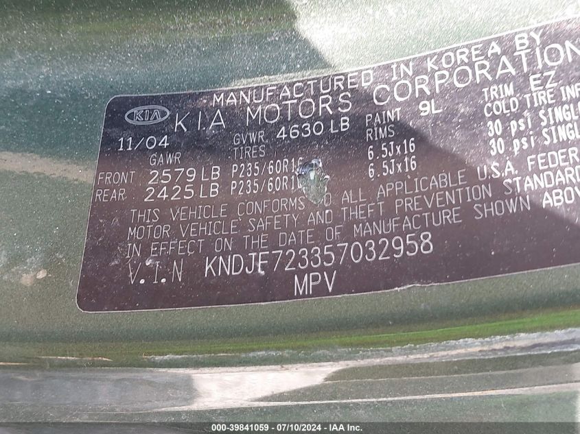 2005 Kia Sportage Ex V6/Lx V6 VIN: KNDJF723357032958 Lot: 39841059