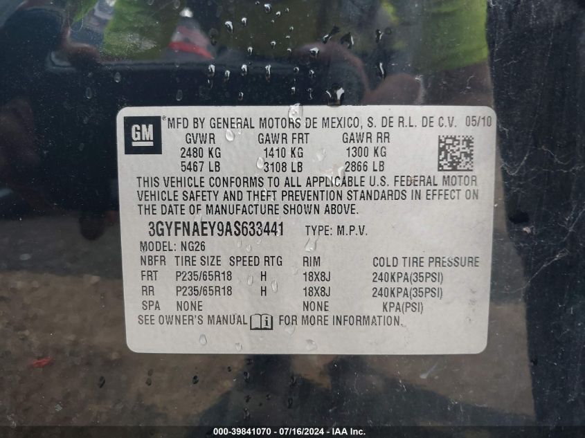 2010 Cadillac Srx Luxury Collection VIN: 3GYFNAEY9AS633441 Lot: 39841070