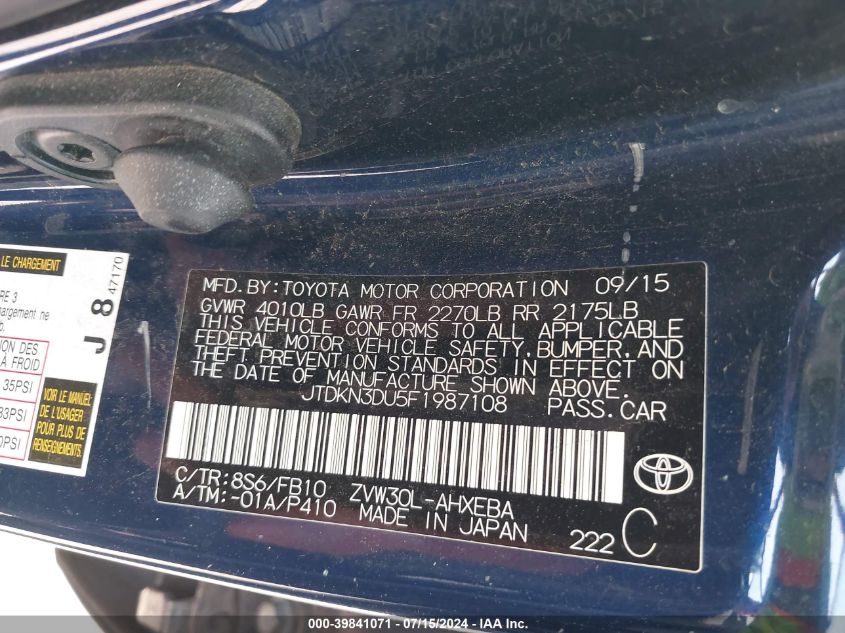 2015 Toyota Prius Two VIN: JTDKN3DU5F1987108 Lot: 39841071