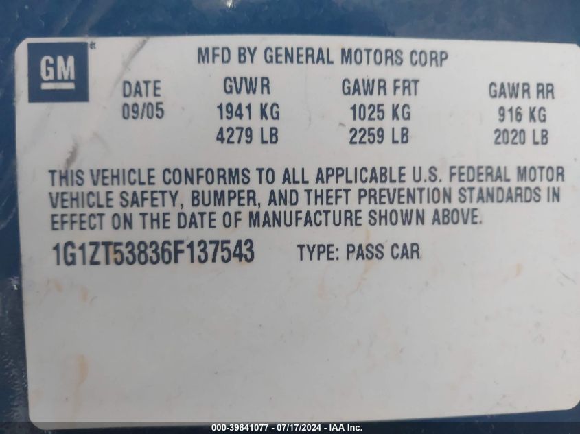 2006 Chevrolet Malibu Lt VIN: 1G1ZT53836F137543 Lot: 39841077