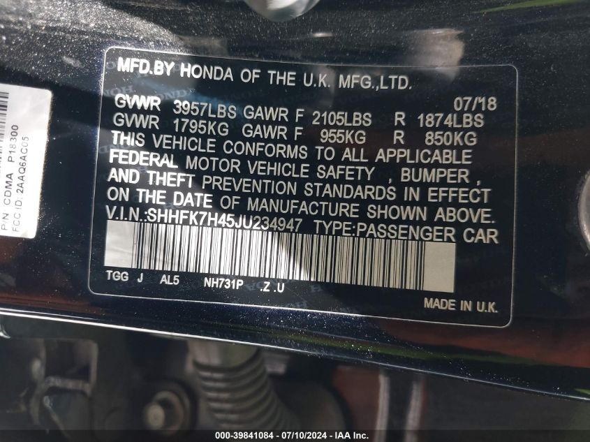 2018 Honda Civic Sport VIN: SHHFK7H45JU234947 Lot: 39841084