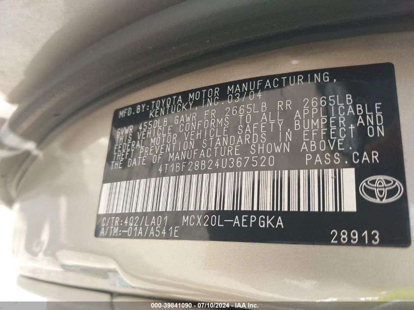 2004 Toyota Avalon Xls VIN: 4T1BF28B24U367520 Lot: 39841090