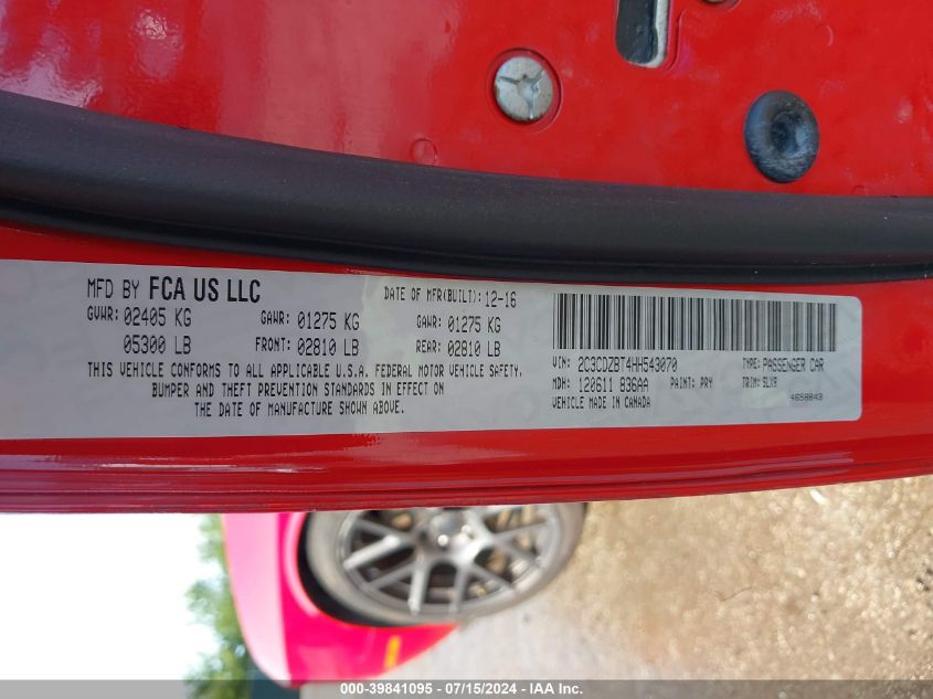 2017 Dodge Challenger R/T Plus Shaker VIN: 2C3CDZBT4HH543070 Lot: 39841095