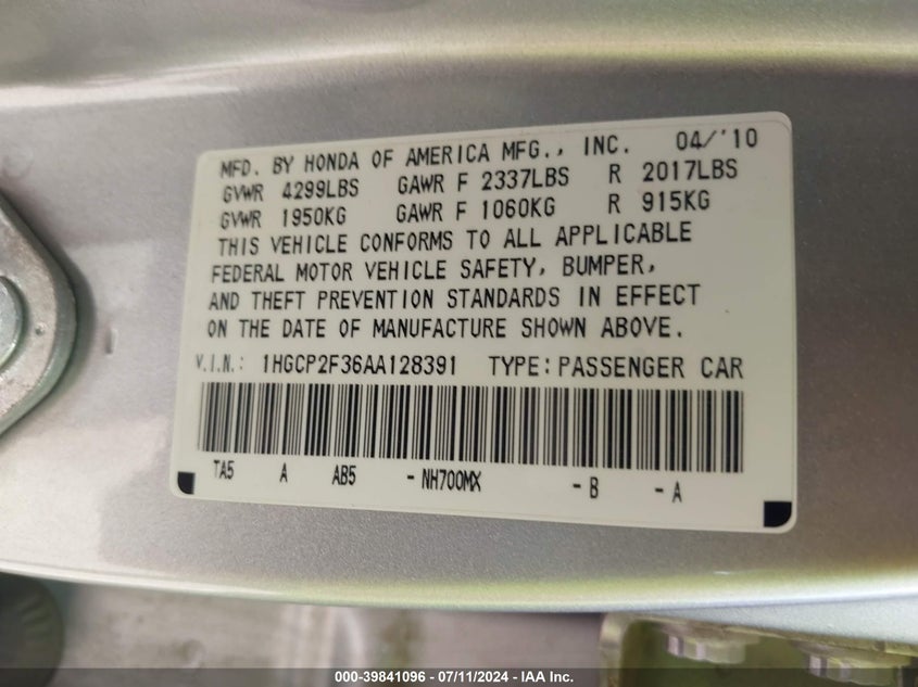 2010 Honda Accord 2.4 Lx VIN: 1HGCP2F36AA128391 Lot: 39841096