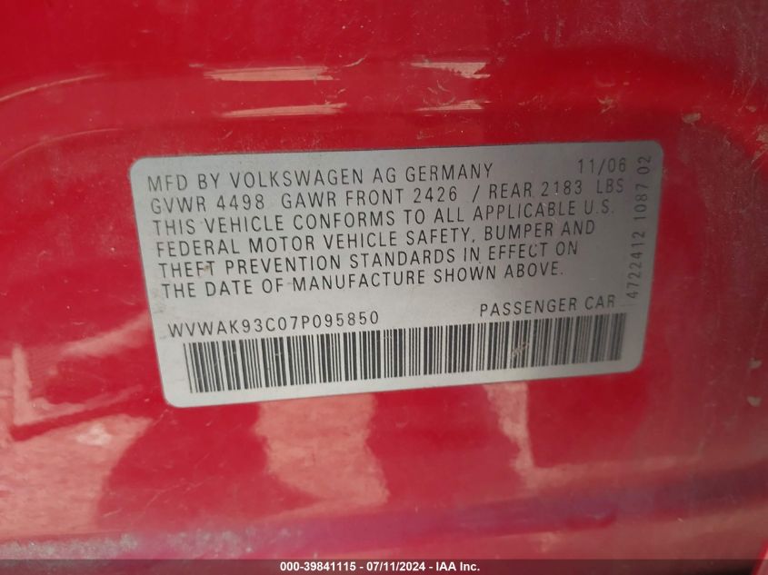 2007 Volkswagen Passat 2.0T VIN: WVWAK93C07P095850 Lot: 39841115