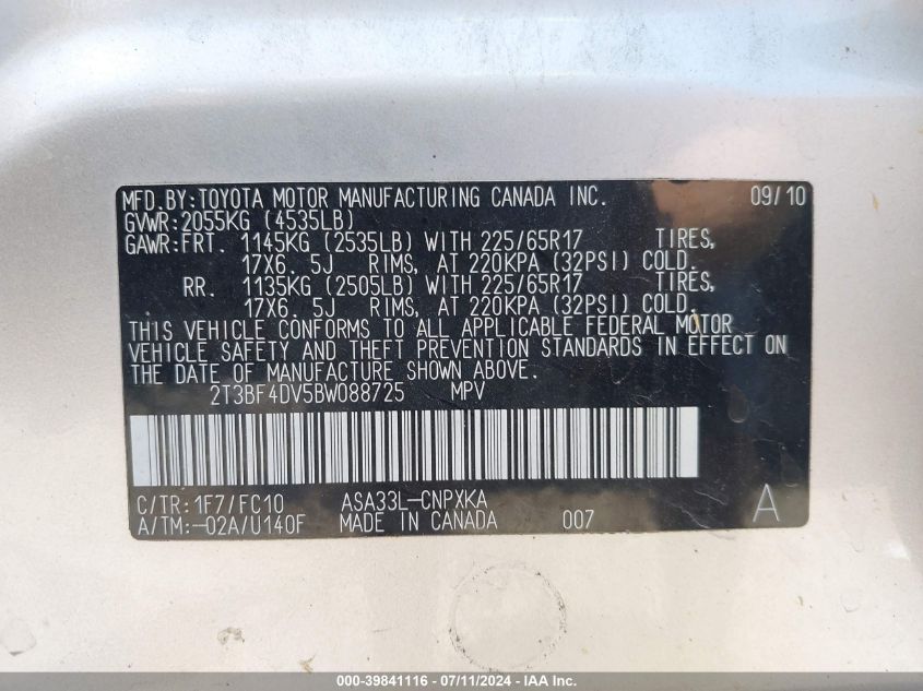 2T3BF4DV5BW088725 2011 Toyota Rav4