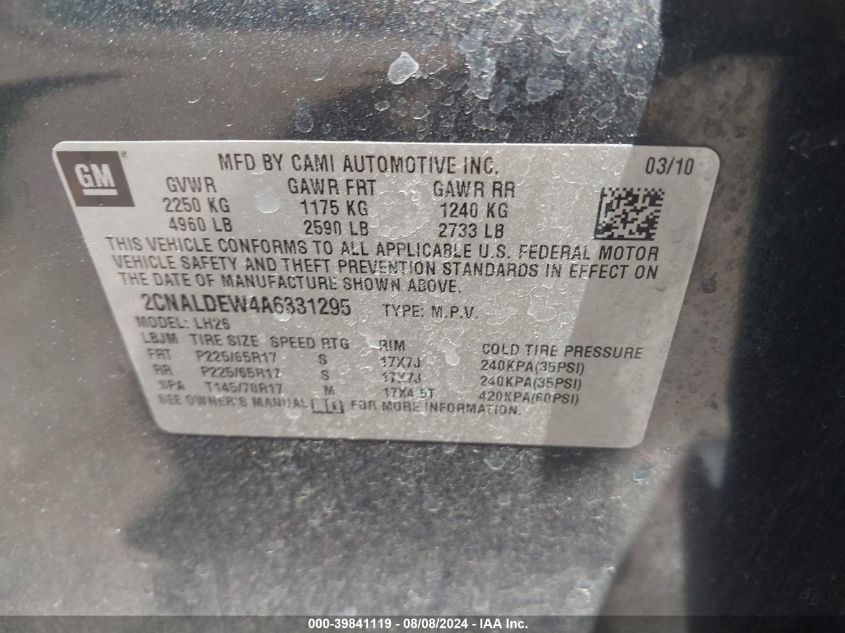 2010 Chevrolet Equinox Lt VIN: 2CNALDEW4A6331295 Lot: 39841119