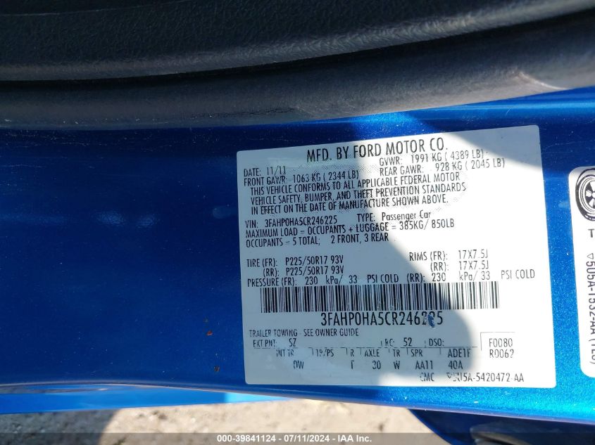 2012 Ford Fusion Se VIN: 3FAHP0HA5CR246225 Lot: 39841124