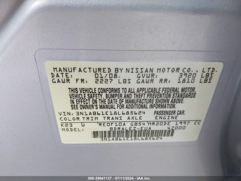 2008 Nissan Sentra 2.0 S VIN: 3N1AB61E18L685624 Lot: 39841137