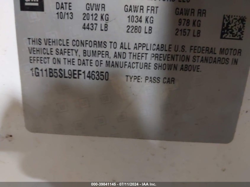 2014 Chevrolet Malibu 1Ls VIN: 1G11B5SL9EF146350 Lot: 39841145