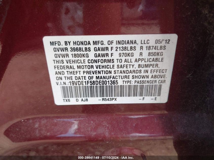 2013 ACURA ILX 2.0L - 19VDE1F58DE001365