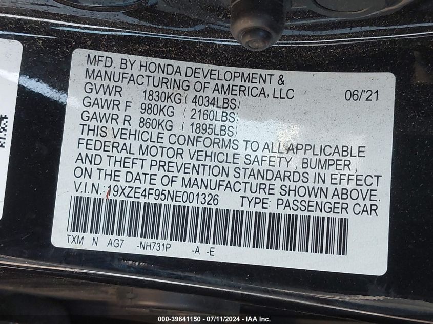 2022 Honda Insight Touring VIN: 19XZE4F95NE001326 Lot: 39841150