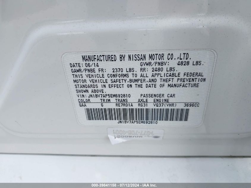 2014 Infiniti Q50 Premium VIN: JN1BV7AP5EM692810 Lot: 39841158