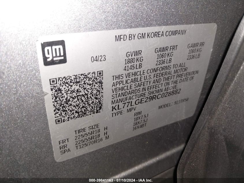 2024 Chevrolet Trax Fwd 1Rs VIN: KL77LGE29RC028882 Lot: 39841163