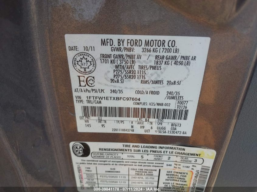 2011 Ford F-150 Platinum VIN: 1FTFW1ETXBFC97604 Lot: 39841178