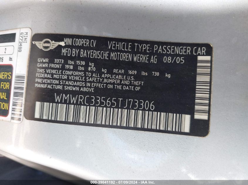 2005 Mini Cooper VIN: WMWRC33565TJ73306 Lot: 39841192