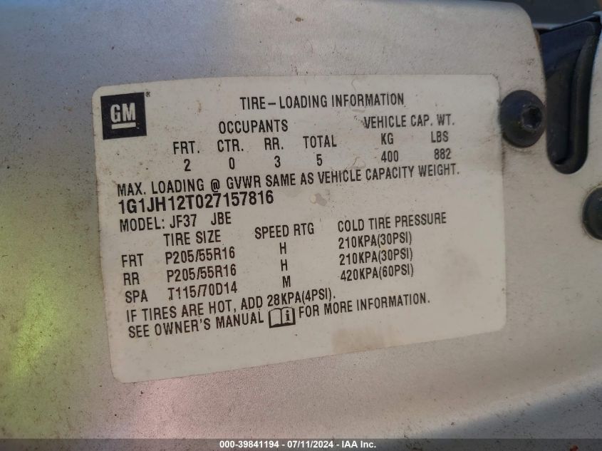 2002 Chevrolet Cavalier Z24 VIN: 1G1JH12T027157816 Lot: 39841194