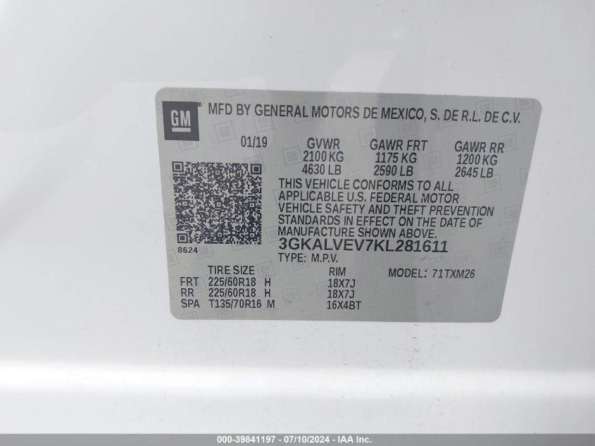 2019 GMC Terrain Slt VIN: 3GKALVEV7KL281611 Lot: 39841197