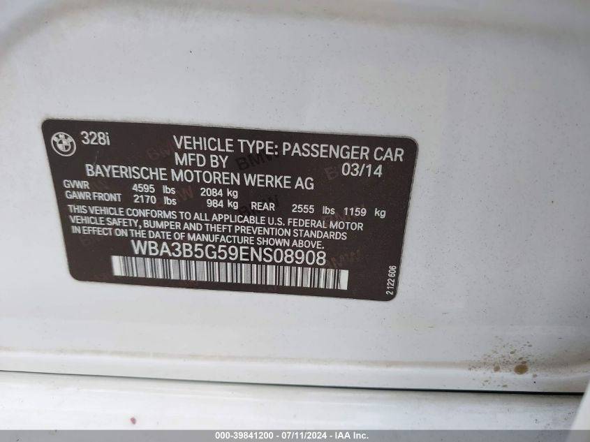 2014 BMW 328I xDrive VIN: WBA3B5G59ENS08908 Lot: 39841200