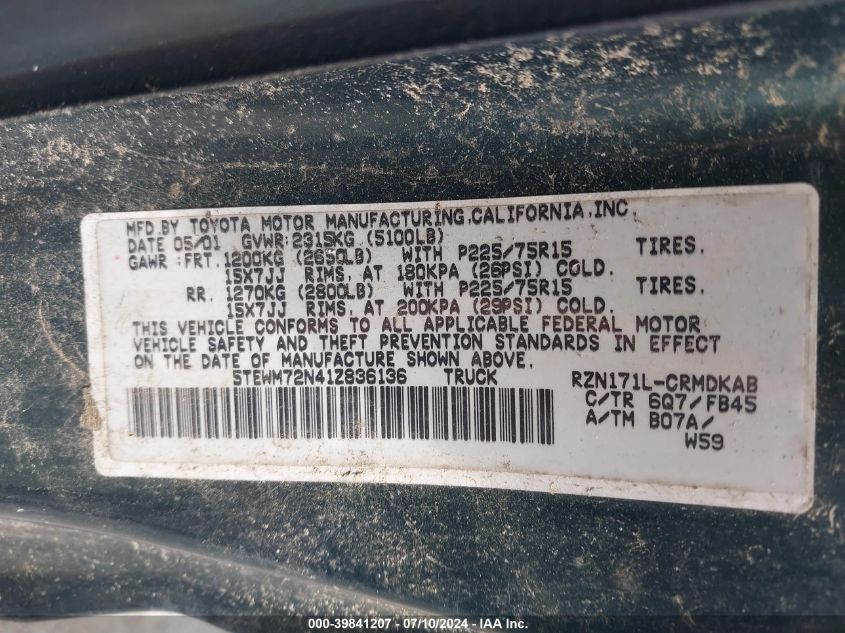 2001 Toyota Tacoma Xtracab VIN: 5TEWM72N41Z836136 Lot: 39841207
