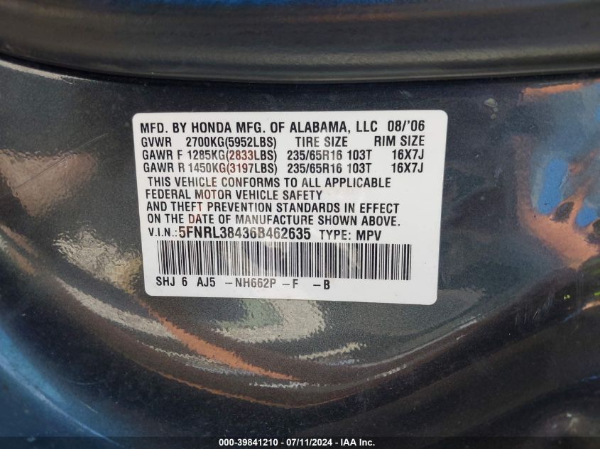 2006 Honda Odyssey Ex VIN: 5FNRL38436B462635 Lot: 39841210