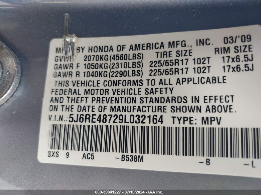 2009 Honda Cr-V Ex-L VIN: 5J6RE48729L032164 Lot: 39841227