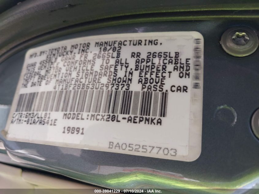 2003 Toyota Avalon Xl VIN: 4T1BF28B63U297373 Lot: 39841229