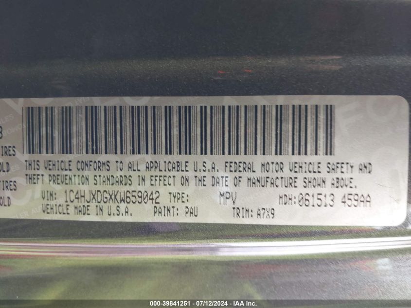 2019 Jeep Wrangler Unlimited Sport S 4X4 VIN: 1C4HJXDGXKW659042 Lot: 39841251