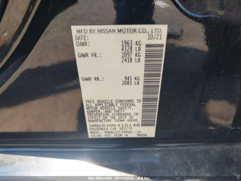 2021 Nissan Altima Sr Fwd VIN: 1N4BL4CV6MN416146 Lot: 39841280