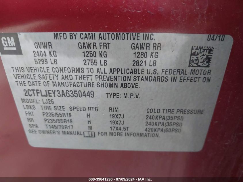 2010 GMC Terrain Slt-2 VIN: 2CTFLJEY3A6350449 Lot: 39841290