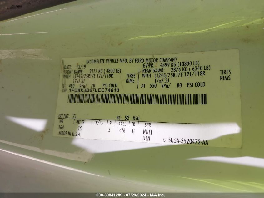 2020 Ford F350 Super Duty VIN: 1FD8X3B67LEC74610 Lot: 39841289