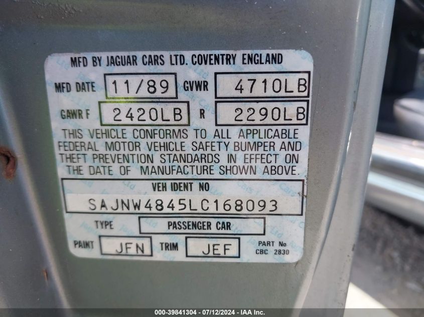 1990 Jaguar Xjs VIN: SAJNW4845LC168093 Lot: 39841304
