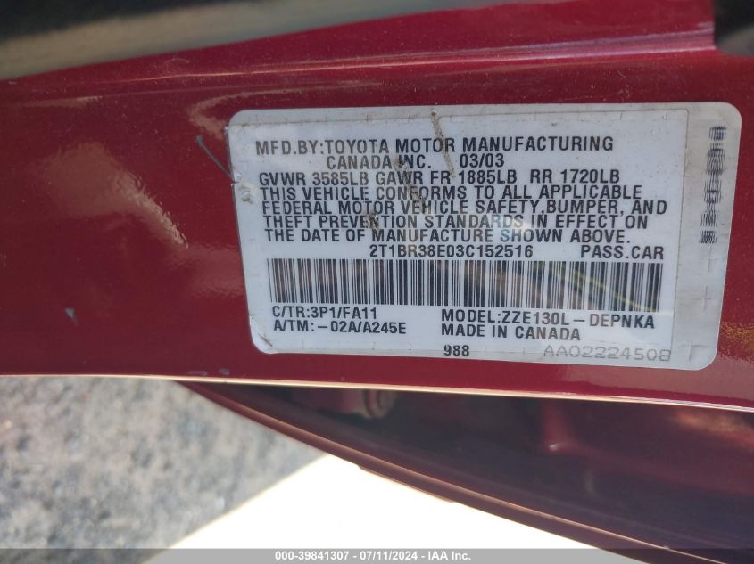 2T1BR38E03C152516 2003 Toyota Corolla Le