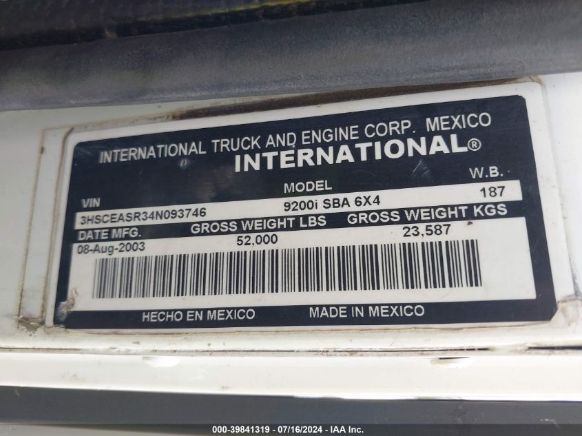 2004 International 9200 9200I VIN: 3HSCEASR34N093746 Lot: 39841319