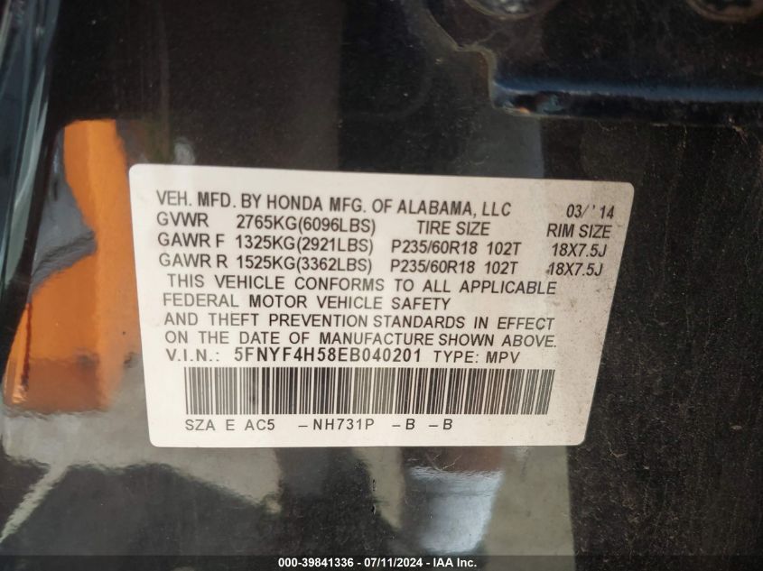 2014 Honda Pilot Ex-L VIN: 5FNYF4H58EB040201 Lot: 39841336